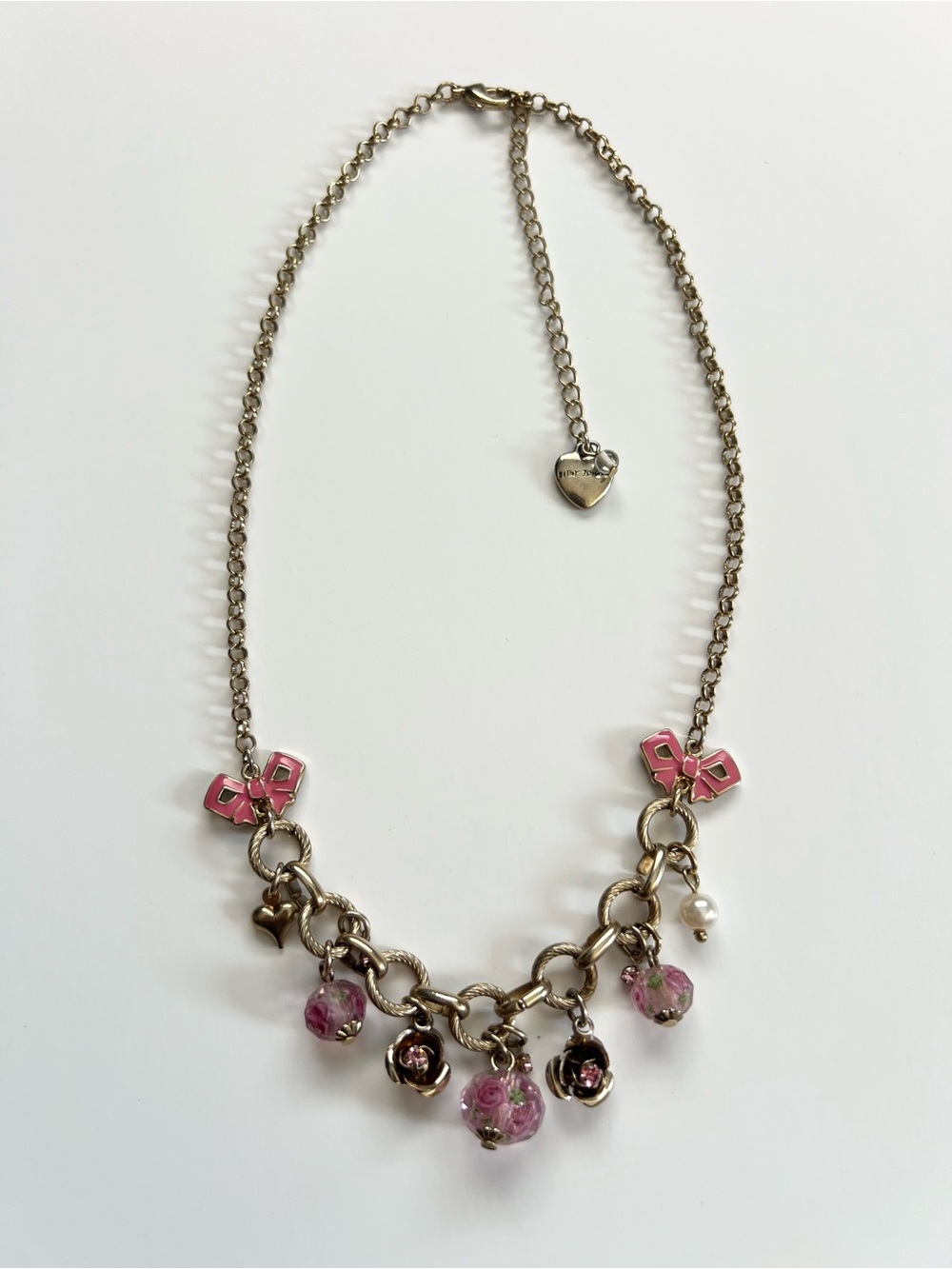 Betsey Johnson Pink Bow & Rose Charm Necklace